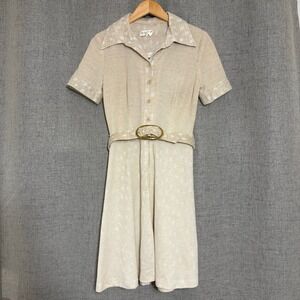 Vintage 70s O Bryan Dress Women Small 4 Beige Belted A Line Dress Polka Dot